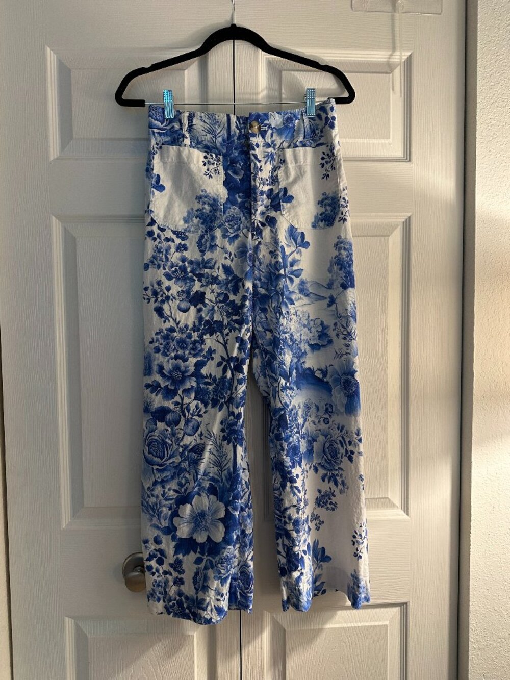 Maeve Colette Linen Blend High-Rise Wide-Leg Cropped Pants Blue Floral Flowers - Picture 4 of 10